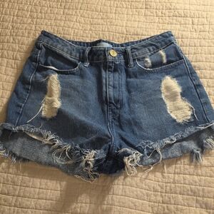 High-Rise Distressed Denim Shorts - Blue